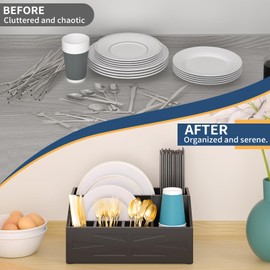 Paper Plate Dispenser,for Countertop,Paper Plate Holder for Kitchen Counter,Wood Rustic silverware holder,paper plate organizer for Fork Knife Spoons Plates,Silverware Caddy for Party,Camping