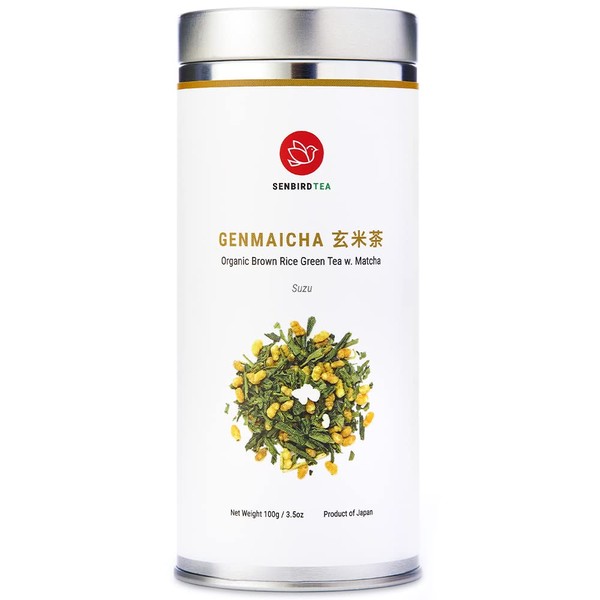Senbird Organic Genmaicha With Matcha - Japanese Brown Rice Green Tea With Matcha - From Kyoto, Japan - Loose Leaf Tea In Airtight Tea Tin (3.5oz/100g)