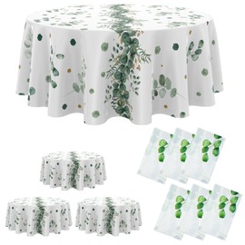 Oudain 12 Pcs Eucalyptus Leaf Tablecloth 84 Inch Eucalyptus Leaf Round Table Cloth Plastic Disposable Eucalyptus Leaf Table Cover for Beach Birthday Kid Party Decorations Supplies