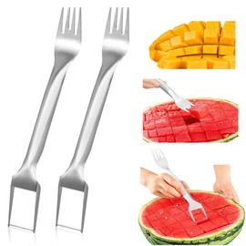 Watermelon Fork Slicer, 2-in-1 Portable Stainless Steel Watermelon Cutter, 2 Pieces, Fruit Forks for Vegetables, Cucumbers, Apples, Bananas, Mangoes for Home Party Camping Kitchen Gadget