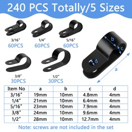 Pack of 240 R Type Cable Clips, 5 Sizes Nylon R Clip, Cable Clips, Cable Holder, Black, R Type Cable Clamps for Office, Home, Cable Wire Management