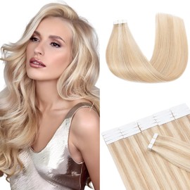 Tape-In Real Hair Extensions, 20 Pieces, 40 cm, Ash Blonde/Blonde, Remy Invisible Hair Tape-In Hair Extensions, Natural, 50 g, 16 Inches, #18P613 Straight Real Hair Skin Weft Tape