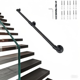 Handrail Wall,Stair Railing Indoor, 6FT Pipe Railing, Metal Staircase Handrail,Black handrails for Indoor & Outdoor Stairs,Grab Bars for Wall,Steps Baluster