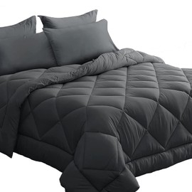 HEVUMYI King Size Comforter Set, 7 Pieces Reversible Bed in a Bag King, All Season Bedding Sets with King Comforter, Flat Sheet, Fitted Sheet, Pillowcases & Pillow Shams (Dark Grey,King)