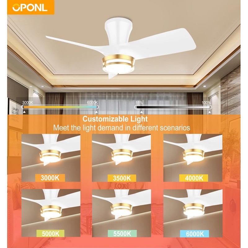 OPONL 30" White low profile Ceiling Fan with Light, with