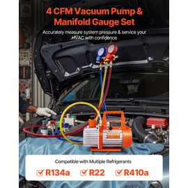 VEVOR 4 CFM AC Vacuum Pump and Gauge Set, 1/3 HP, Single Stage Rotary Vane HVAC Air Vacuum Pump, A/C Refrigerant Manifold Gauge Kit, with Leak Detector, Carry Bag, for R134a R22 R410a Refrigerants