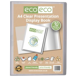 eco-eco eco125 A4 50% Recycled 10 Pockets Clear Presentation Book Storage Box Portfolio Art Folder with Plastic Sleeves Transparent