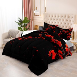 Suncloris Red Cherry Blossom Comforter Set for Teens Adults, Queen Size Ultra-Soft Microfiber Contemporary Bedroom Quilted Duvet with 2 Nature Plant Pillowcases-90 x90 (Red, Queen)
