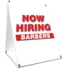 A-Frame Sidewalk Now Hiring Barbers Sign with Graphics On Each