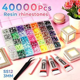 40000Pcs 40 Colors Jelly Resin Rhinestones for Bedazzling, 3mm Flatback Gems with B7000 Glue & Tweezers, Multicolor Flat Back Kit for Clothing, Shoes, Nail Art, Diamond Art, Jewelry Making