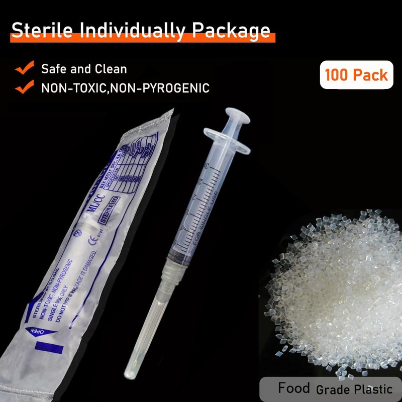 100 Pack 3ml/cc Disposable Luer Lock Lab Syringes with 22Ga