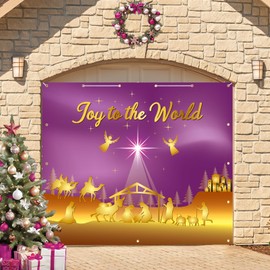 Trgowaul Christmas Garage Door Decorations, Purple Gold Jesus Xmas Garage Door Cover Banner Backdrop Decor Indoor Outdoor for Christmas, Jesus Nativity Merry Christmas Background Party Supply 7 x 8ft