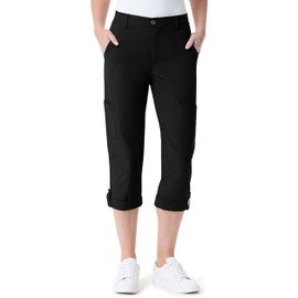 Gloria Vanderbilt Women's Cargo Capri Tab Roll Cuff with Zip Front and Elastic Waist Standard, Black