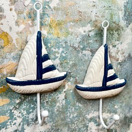 Darthome Wooden Boat Hook Pair Nautical Set of 2 Yacht Wall Door Hanger Coat Jacket Towel