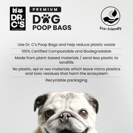 100% Certified Compostable Dog Poop Bags - Dr. C's Premium Dog Poop Bags - 270 Bags / 18 Rolls, Extra thick, Leak Proof, Unscented, Plant Based and Earth Friendly, Dispenser Included, Black/white
