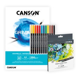 Daler-Rowney Bundle: CANSON Graduate Watercolour A4 Pad & LYRA Aqua Brush Duo Marker 12 Piece Set, Ideal for Art Students