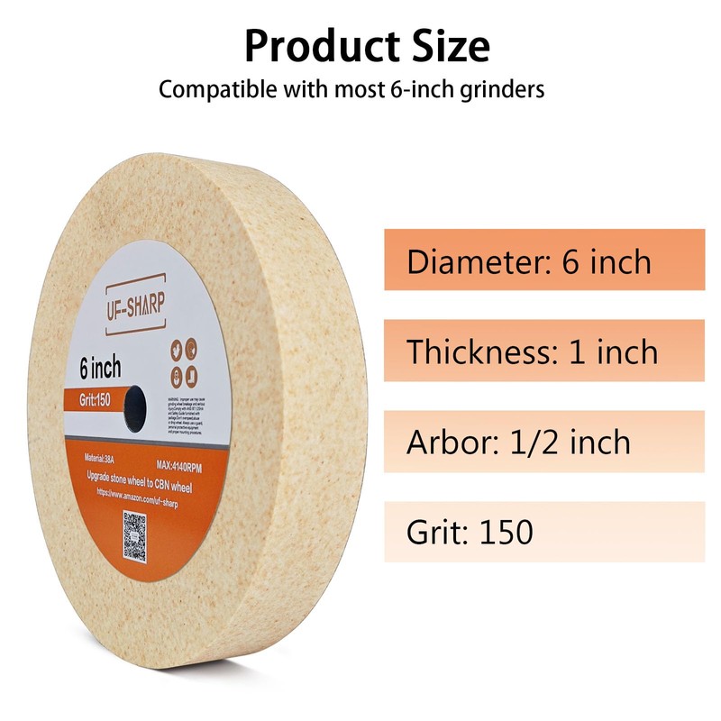 UF-SHARP 6 inch Bench Grinder Wheels, 1" Wide,1/2" Arbor, 150