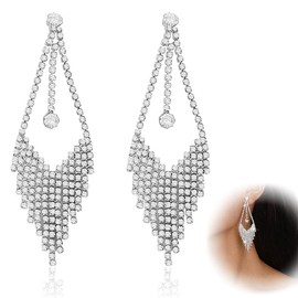 SULIUDAJI 1 Pair of Silver Hanging Earrings, Silver Rhinestone Tassel Earrings, Shiny Long Chandelier Earrings, Slimming Shape for Diamond Face, Crystal Linear Earrings Jewellery