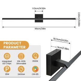 CCYCOL Modern Bathroom Lighting Fixtures Over Mirror - 39 Inch Black Bathroom Vanity Light Fixture 3500K Dimmable LED Vanity Light Bar for Bathroom Wall Sconce, 28W