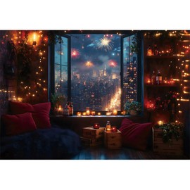 YongFoto 2.2 x 1.5 m Background for New Year Photography Window View Colourful Bokeh Fireworks Skyscraper Bright Night View Photo Background for New Year's Eve Celebration Decorations Photo Shooting