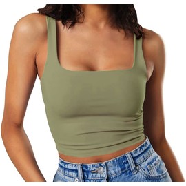 GEMBERA Women's Square Neck Sleeveless Crop Tank Top Gym Stretchy Fitted Basic Summer Wear（3792,OliveGreen,M）