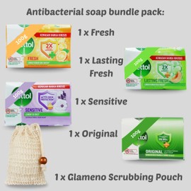 Antibacterial Soap Bundle with 4 pack soap bars - Sensitive, Fresh, Original and Lasting Fresh (100g each) and Glameno Soap Pouch Saver Exfoliator