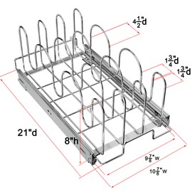 RITSU Slide Out Pan and Pot Lid Organizer for Cabinet, Kitchen Pull Out Pot Lid Rack Pantry Cutting Board Bakeware Cookware Holder - 11in. W x 21in. D - Chrome