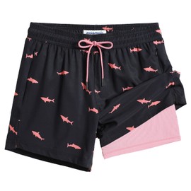 MaaMgic 5" Mens Swim Shorts with Compression Liner 4-Way Stretch Bathing Suit Swimming Shorts with Pockets,Pink Shark - Black,M