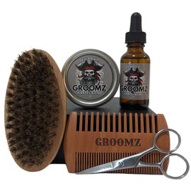 GROOMZ Beard Grooming Kit signature Oil and Balm, Comb, Brush, Scissors (Pirates Blend)