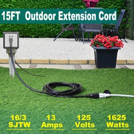 15FT Black Outdoor Extension Cord - SJTW 16AWG Weatherproof Grounded 3Prong Extension Cord with 90 Degree Flat Plug,1625W Flexible Outside Landscape Exterior Extension Cable for Outdoor Appliance