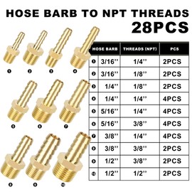 WYNNsky 84PCS Brass Hose Barb Fittings, Air Hose Repair Kit, 1/8’’ 3/16’’ 1/4’’ 5/16’’ 3/8’’ 1/2’’ Barb Splicer, Tee, Barb to MNPT Threads