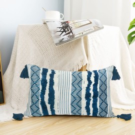 LIGICKY Decorative Boho Lumbar Pillow Covers, Blue and White, 30 x 50 cm, Neutral Accent Rectangle Throw Pillow Covers, Hand-Woven Tufted Tassel Farmhouse Pillowcase for Couch Sofa Bed Living Room