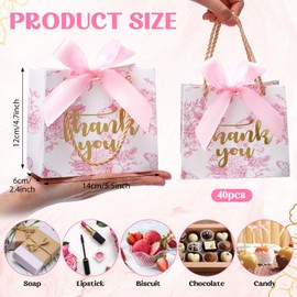 Kolldenn 40 Pcs Small Thank You Floral Gift Bags 5.5''x 2.4''x 4.7'' Pink White Paper Party Favor Bag with Handle Chinoiserie Floral Bag Bulk with Ribbon for Wedding Birthday Bridal Baby Shower