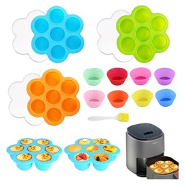 WATUNID 3 Pack Silicone Egg Bites Molds for Air Fryer, Non-Stick Egg Bite Maker with 1Pc Oil Brushes and 8Pcs Muffin Cups, Reusable Silicone Baking Cups with Lid or Cooking, Air Fryer Accessories