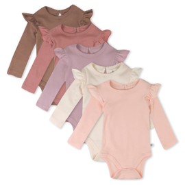 HonestBaby 5-Pack Long Sleeve Bodysuits One-Piece 100% Organic Cotton for Infant Baby Girls, Autumn Pinks,12 Months