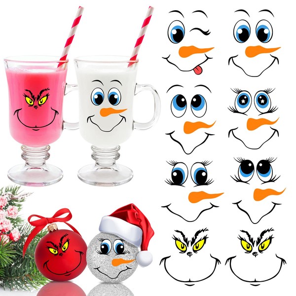 24 PCS Snowman Face Stickers for Christmas Ornaments, Cartoon Decals for Christmas Ball/Refrigerator/Water Bottles, DIY Vinyl Stickers for Home Christmas Party Decorations, 2 Styles