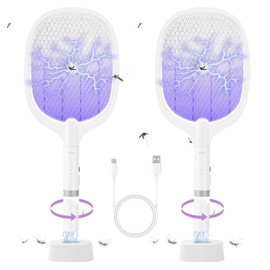 Electric Fly Swatter Racket, 4000V Bug Zapper Racket Rechargeable Fly Zapper Dual Modes Mosquito Swatter Portable with Purple Light & 3-Layer Safety Nets for Indoor & Outdoor, 2 Pack (2-Pack-Oval)