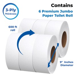SoNeat 3-Ply Jumbo Toilet Paper Rolls, 9' Commercial Bathroom Tissue, 600 Ft. Long, Fits Standard Dispensers