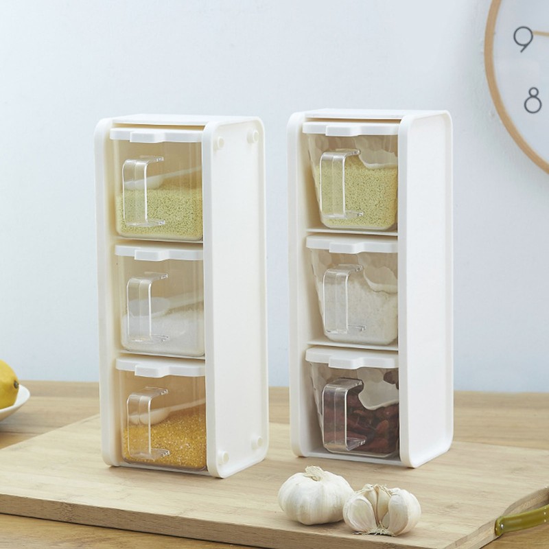 Seasoning Box 3 Grids Plastic Clear Condiment Box with Handle
