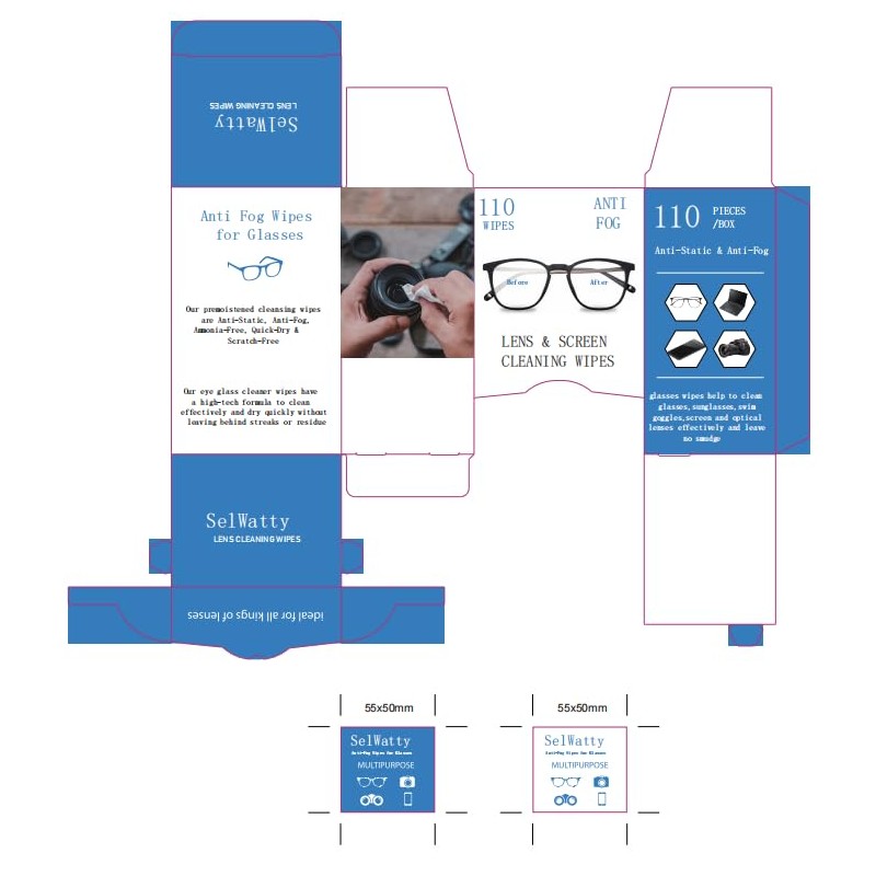 Selwatty 110 Anti-Fog Lens Wipe for Glasses/Screens, Wet, Quick Dry,
