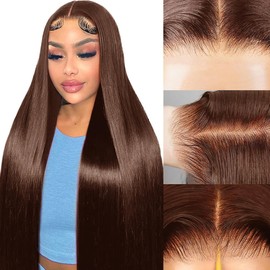 FTQZKEY Brown Glueless Wigs Human Hair Pre Plucked Pre Cut 32 Inch 7x5 HD Lace Closure Wigs Human Hair 220 Density C olored Straight Wigs for Beginners Chocolate Brown Glueless Wigs Human Hair