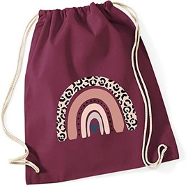 Gym Bag for Children, Cotton with Rainbow in Rose, Motif LEO Print for Girls, Fabric Bag Drawstring Backpack with Cord, gray