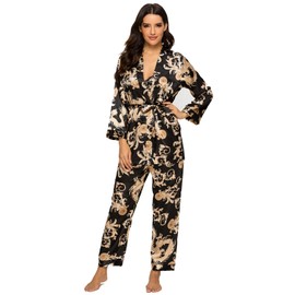 Escalier Women's Silk Satin Pajamas Set 3 Pcs Floral Silky Pj Sets Sleepwear Cami Nightwear with Robe and Pants Black S