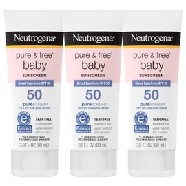 Neutrogena Pure & Free Baby Mineral Sunscreen Lotion with Broad Spectrum SPF 50 & Zinc Oxide, Water-Resistant, Hypoallergenic & Tear-Free Baby Sunscreen, 3 fl. oz, 3 pk