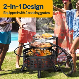 VIVOHOME 36-Inch Fire Pit with 2 Cooking Grill Grates, 2-in-1 Wood Burning Firepits with Spark Scrren & Waterproof Cover, Metal Grill for Backyard Bonfire BBQ Outdoor Camping Picnic