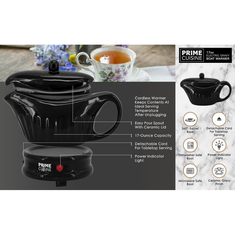 Prime Cuisine 17oz Electric Gravy Boat Warmer, Ceramic Gravy Boat