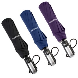 TradMall 3 Pack Travel Umbrella Windproof Portable 46 Inches Large Canopy Auto Open & Close, Black & Blue & Purple