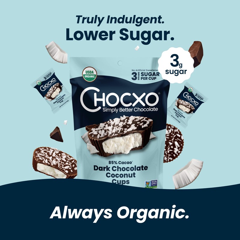 ChocXO Dark Chocolate Coconut Cups, 85% Cacao, 3g Sugar per