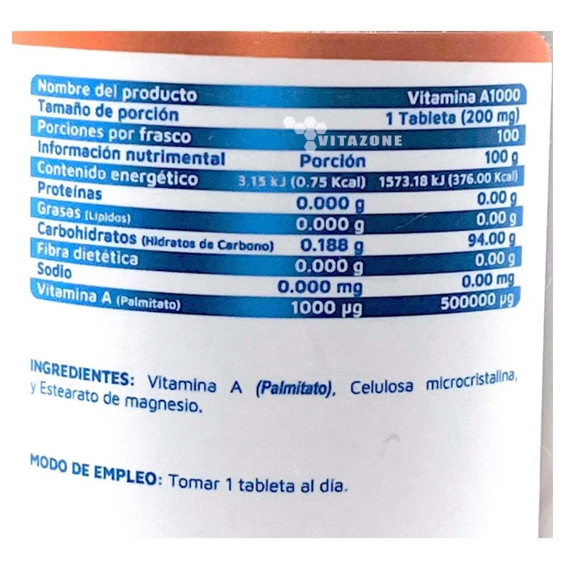 Vitamina A 100 Tabletas De 1000 Mg Vidanat.