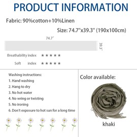 LMVERNA Lightweight Fashion Long Scarf Line Cotton Comfortable Wrap Shawl Plain Color with Fringed Edges (Khaki)